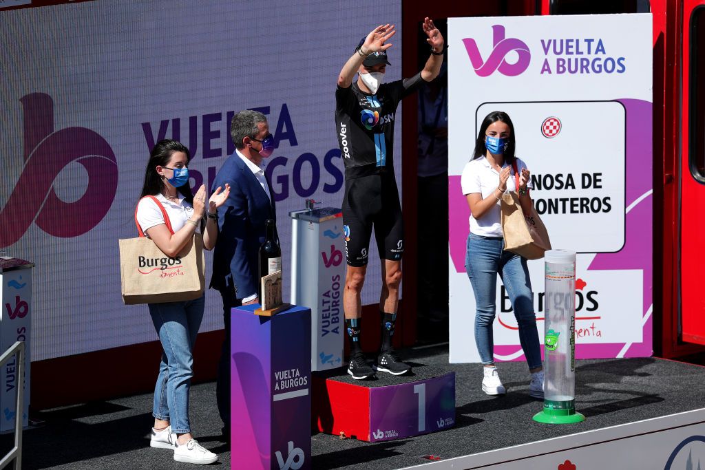 ESPINOSA DE LOS MONTEROS SPAIN AUGUST 05 Romain Bardet of France and Team DSM celebrates at podium as stage winner during the 43rd Vuelta a Burgos 2021 Stage 3 a 173km stage from Busto de Bureba to Espinosa de los Monteros VueltaBurgos BurgosCycling CapitalMundialdelCiclismo on August 05 2021 in Espinosa de Los Monteros Spain Photo by Gonzalo Arroyo MorenoGetty Images