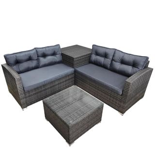 Large sectional sofa in grey with navy blue cushions