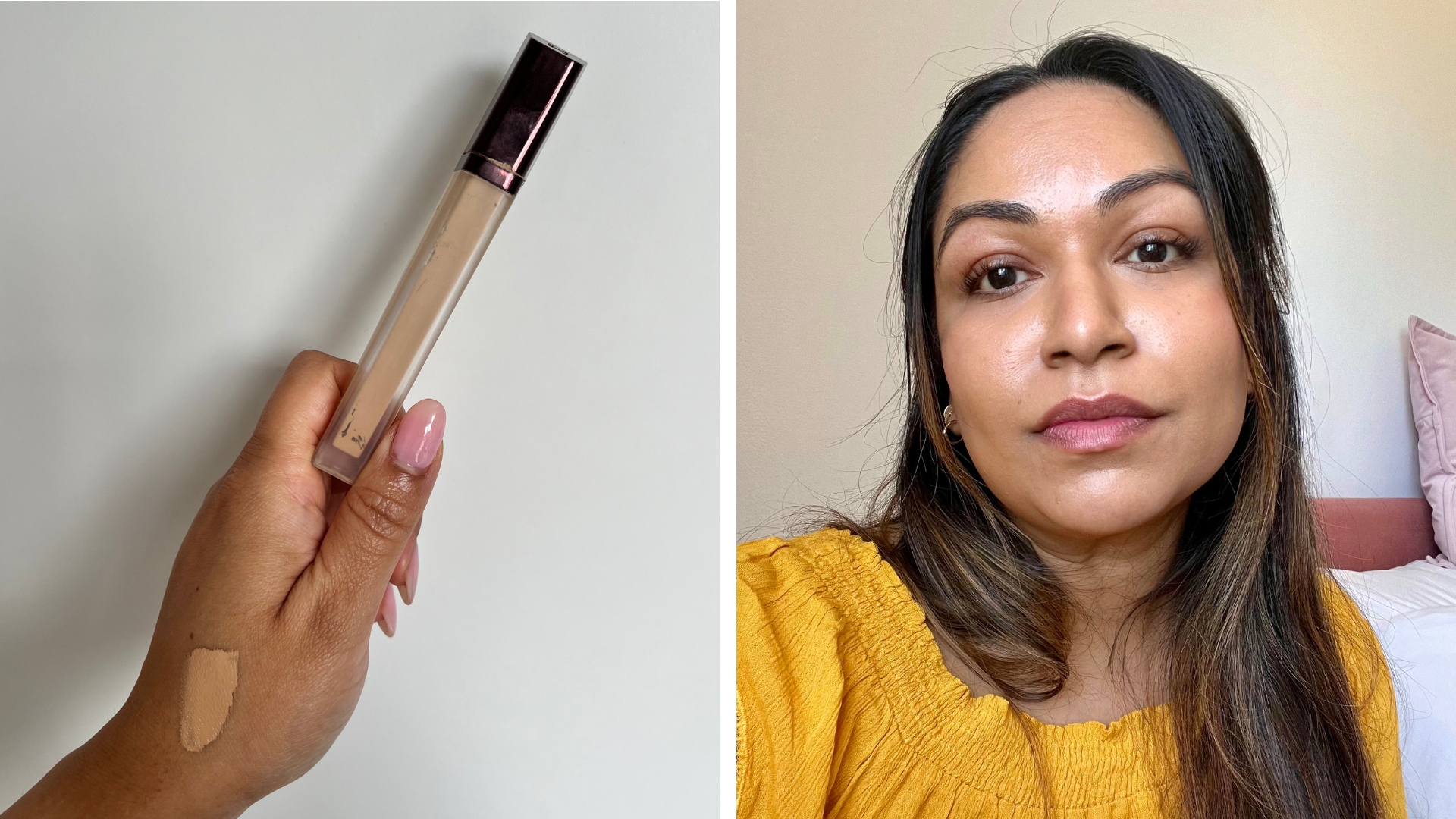 On the left, is a picture of Digital Beauty Ecom Editor, Aleesha Badkar holding her Hourglass concealer, with a swatch of the product visible on her hand and on the right, is a picture of Aleesha wearing the concealer on her face