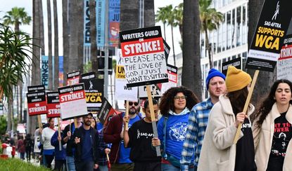 Writers demonstrating outside Netflix's offices in California