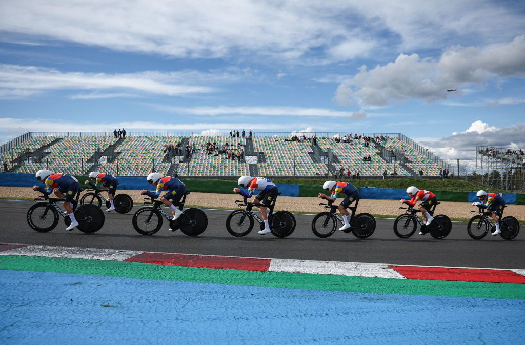 Lidl-Trek's riders cycle during the 3rd stage of the Paris-Nice cycling race, a 28,4 km team time trial between Nevers Magny-Cours Circuit and Nevers, on March 11, 2025. (Photo by Anne-Christine POUJOULAT / AFP)