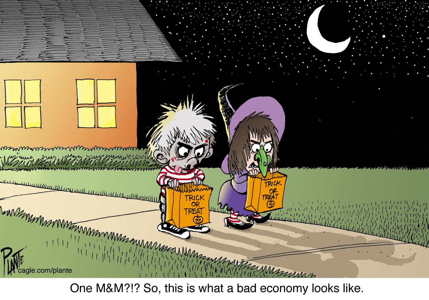 
                                This editorial cartoon depicts two young trick-or-treaters dressed as a witch and a goblin. They look into their empty candy bags and the witch says, “One M&amp;M?!? So, this is what a bad economy looks like.”
                            
