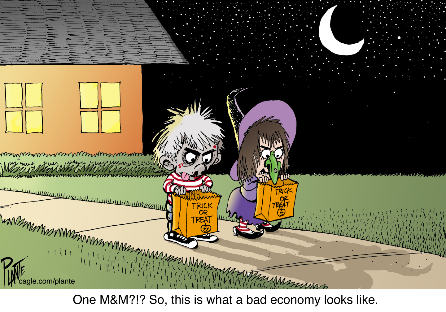 This editorial cartoon depicts two young trick-or-treaters dressed as a witch and a goblin. They look into their empty candy bags and the witch says, “One M&M?!? So, this is what a bad economy looks like.”