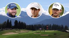A general view of Crans-sur-Sierre Golf Club with inset photos of Jordan Smith (top left), Matt Fitzpatrick (top middle) and Nicolai Hojgaard (top right)