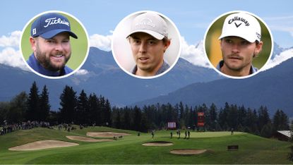 A general view of Crans-sur-Sierre Golf Club with inset photos of Jordan Smith (top left), Matt Fitzpatrick (top middle) and Nicolai Hojgaard (top right)