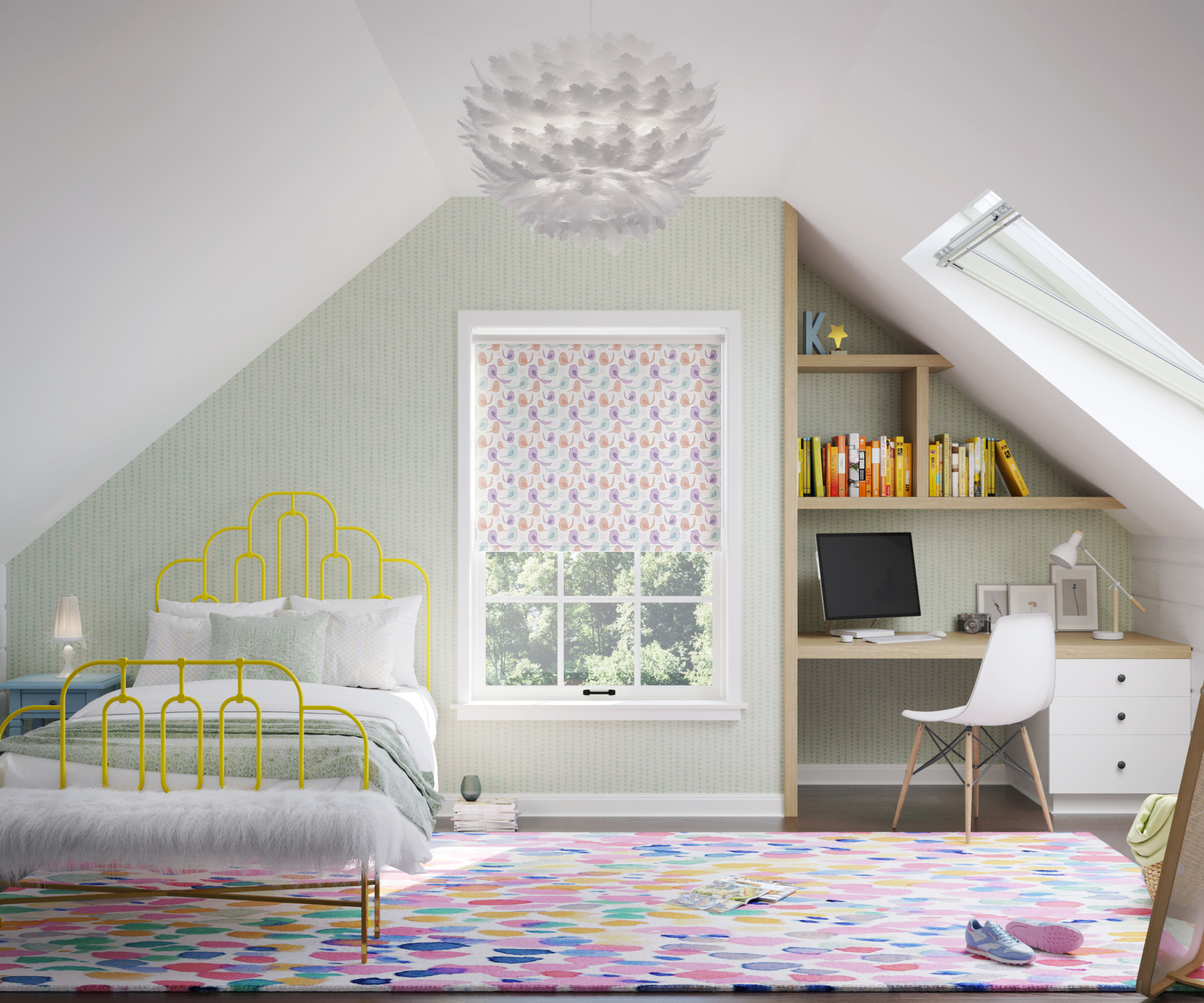 girl's bedroom with large white feathered ceiling light, window and skylight, yellow framed metal bed, blue table with white bedside light and desk built into alcove