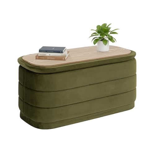 Bonlife Storage Ottoman Bench - Folding Foot Rest With Hidden Storage, Footstool for Living Room, Bedroom &amp;amp; Hallway,olive Velvet 76x38x38cm