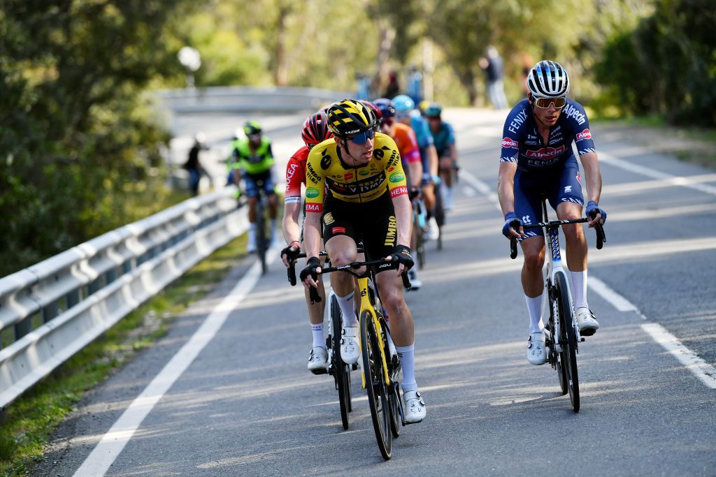 LOULE PORTUGAL FEBRUARY 20 LR Pascal Eenkhoorn of Netherlands and Team Jumbo Visma and Oscar Riesebeek of Netherlands and Team AlpecinFenix compete in the breakaway during the 48th Volta Ao Algarve 2022 Stage 5 a 173km stage from Lagoa to MalhoLoul 514m VAlgarve2022 on February 20 2022 in Loule Portugal Photo by Luc ClaessenGetty Images