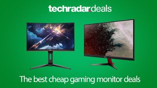 An AOC and Acer gaming monitor on a green background with techradar deals logo above and best cheap gaming monitor deals text below