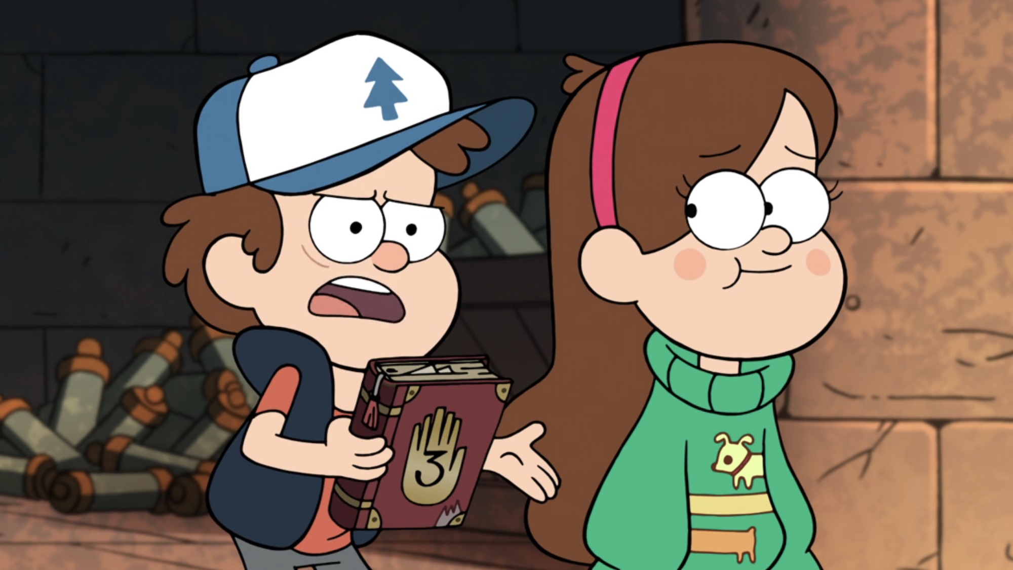 Dipper annoyed holding Journal 3 next to Mabel in Gravity Falls