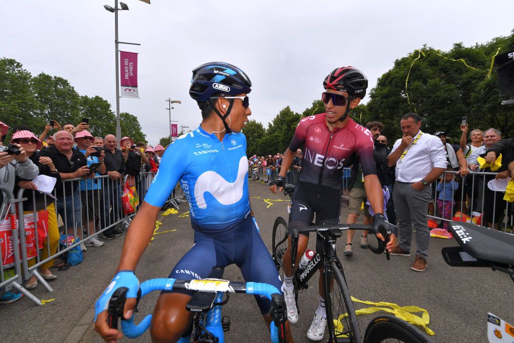 Colombians Nairo Quintana and Egan Bernal at the start of stage 6