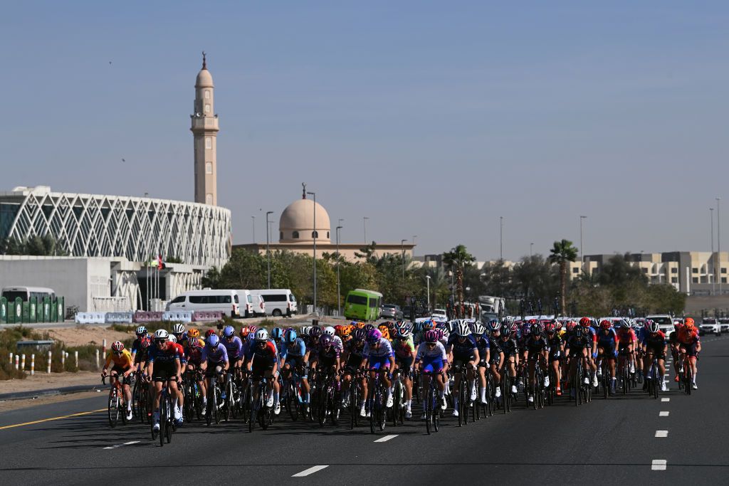 DUBAI UNITED ARAB EMIRATES FEBRUARY 09 A general view of the peloton competing during the 1st UAE Tour Women 2023 Stage 1 a 109km stage from Port Rashid to Dubai Harbour UAETourWomen on February 09 2023 in Dubai United Arab Emirates Photo by Tim de WaeleGetty Images