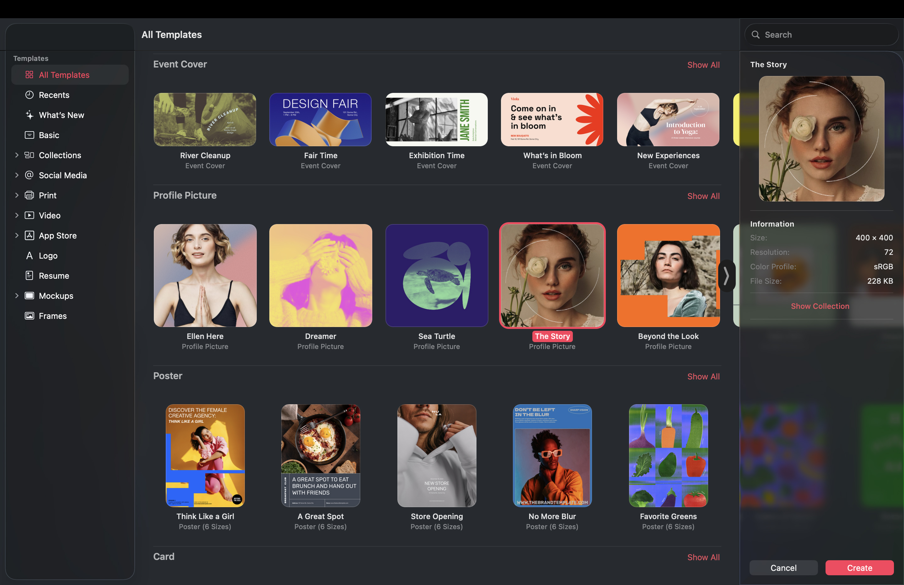 Pixelmator Pro 4: Screenshot of a wide collection of template designs, including square profile pictures.
