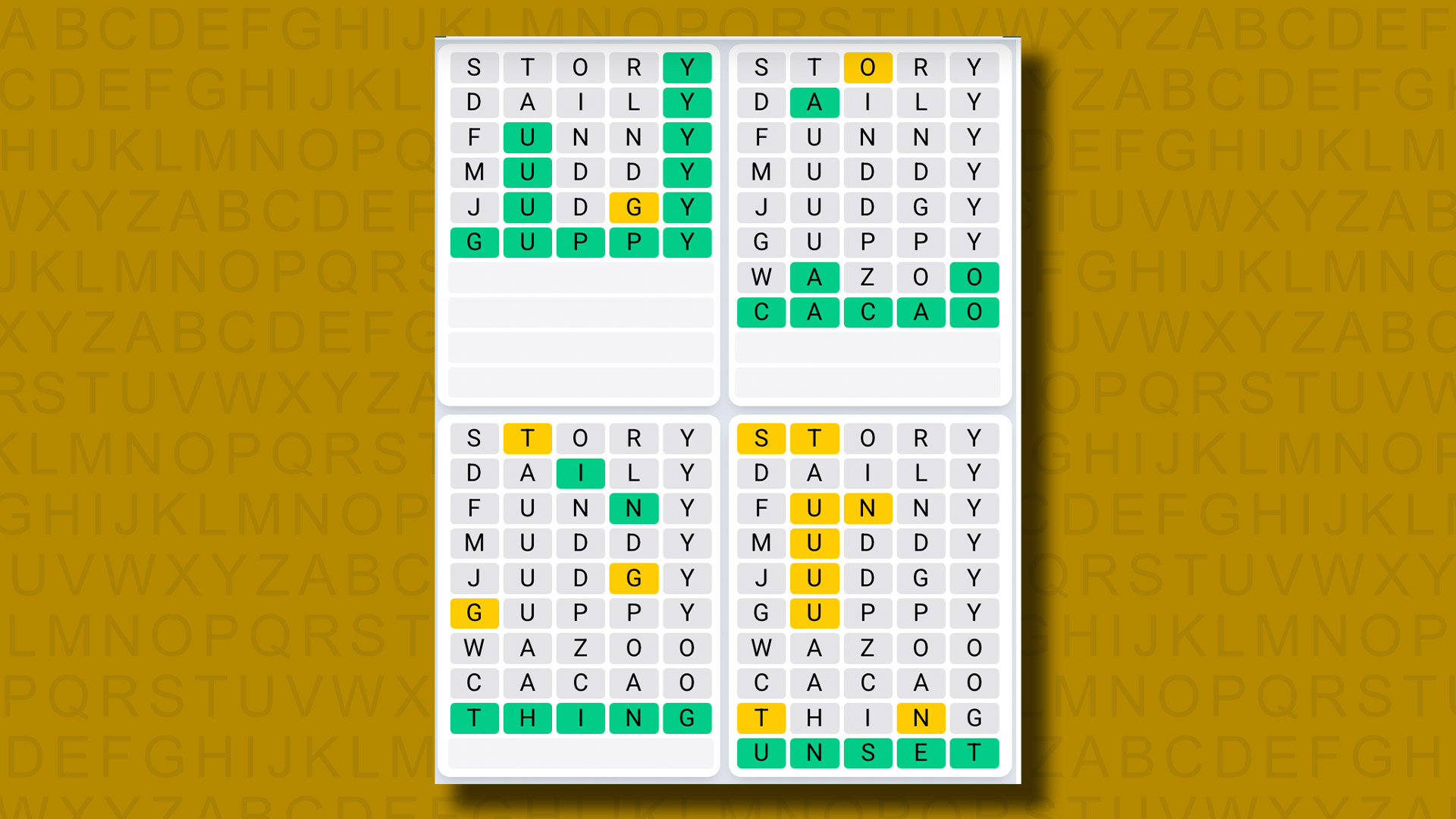 Quordle Daily Sequence answers for game 1103 on a yellow background