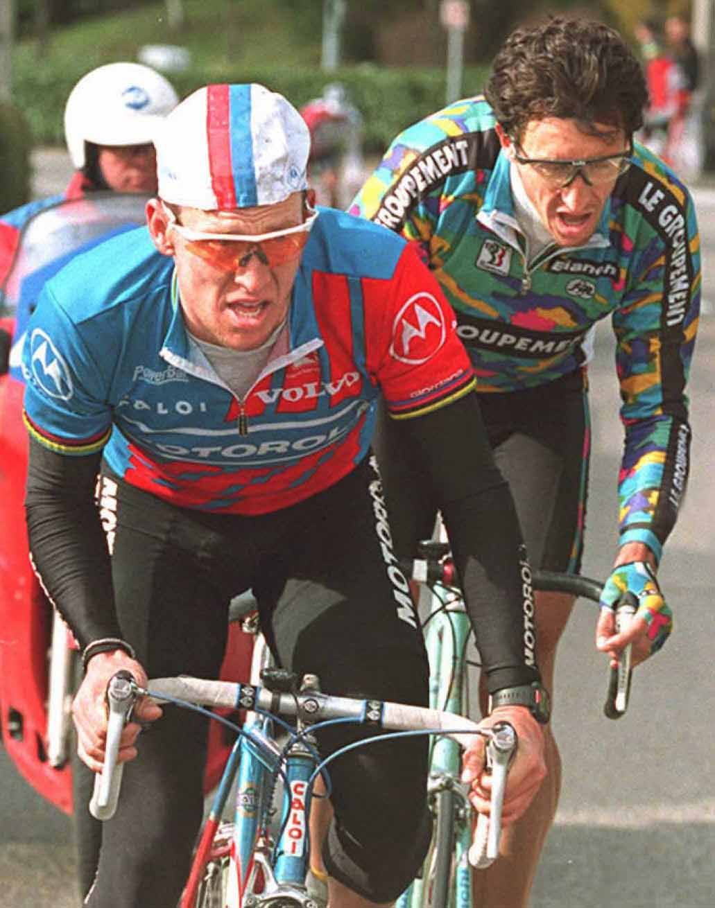 Lance Armstrong on the attack with Thierry Bourguignon at Paris-Nice in 1995.