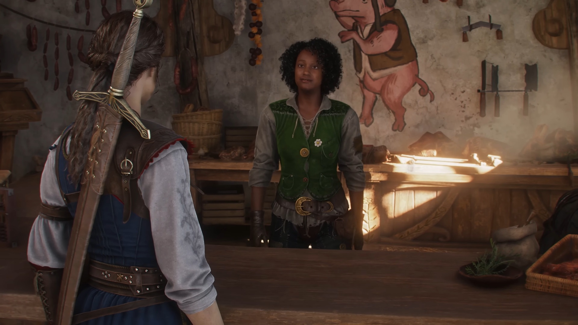 Fable screenshot showing the player character visiting a shop, which a woman tends 