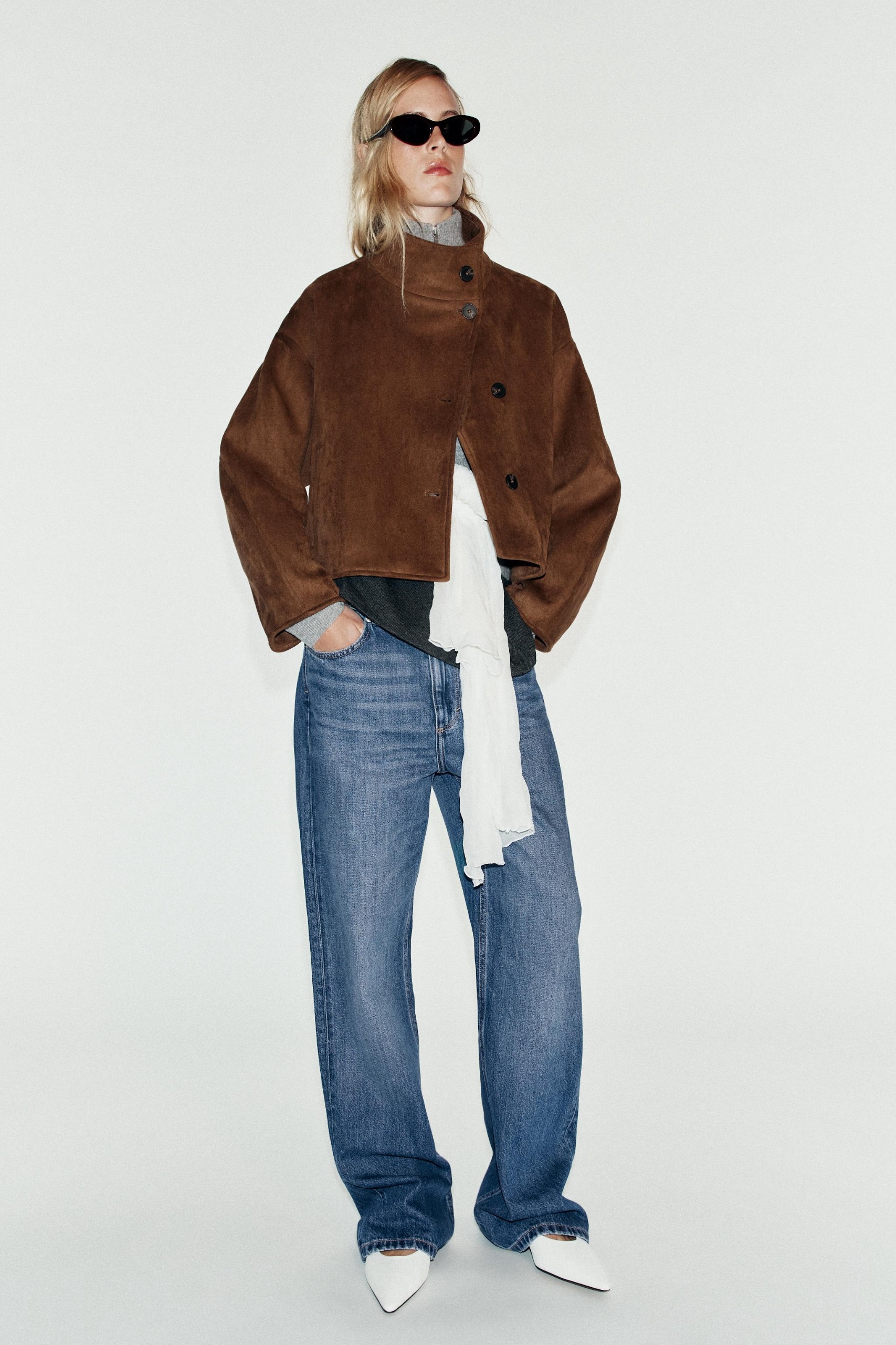 Cropped Faux Suede Jacket - Brown - Xs