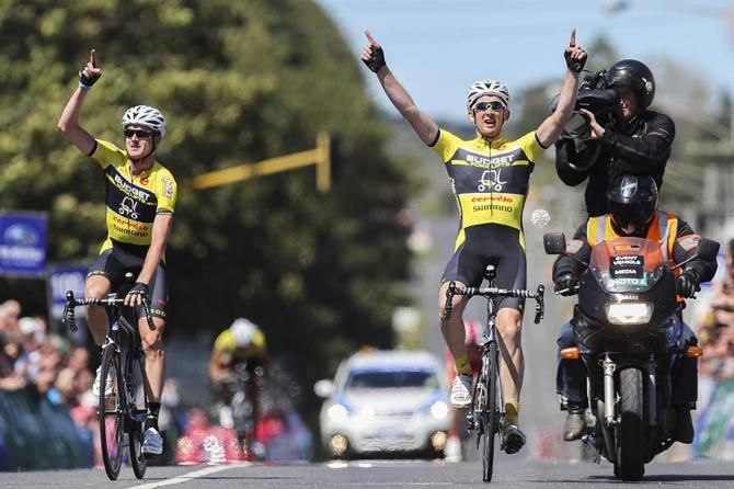Sam Horgan and Jack Anderson celebrate victory for Budget Forklifts