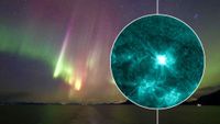 in the background are northern lights shining ribbons of green and magenta above a body of water, there is an inset image on the right showing the x-flare on the sun that erupted June 30.