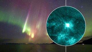 in the background are northern lights shining ribbons of green and magenta above a body of water, there is an inset image on the right showing the x-flare on the sun that erupted June 30.