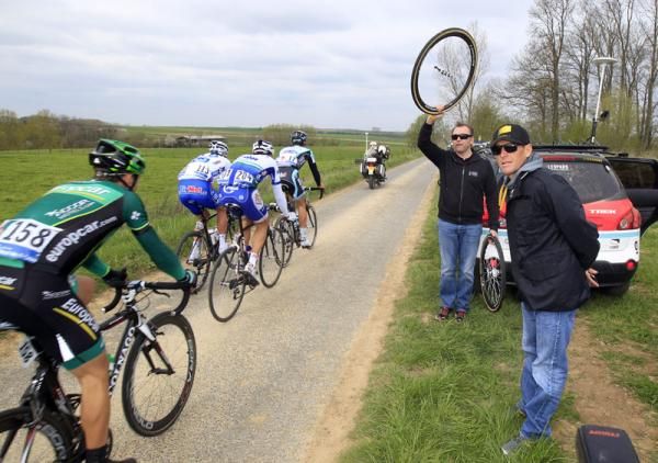 Lance Armstrong (furthest right) was an interested spectator at Paris-Roubaix