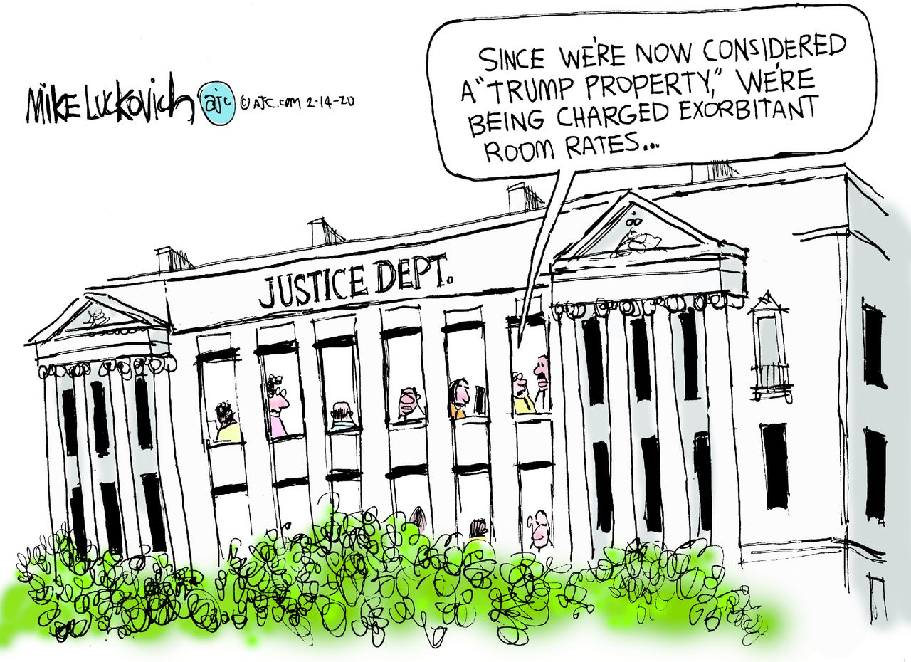 Political Cartoon U.S. Trump DOJ properties room rates charging federal government