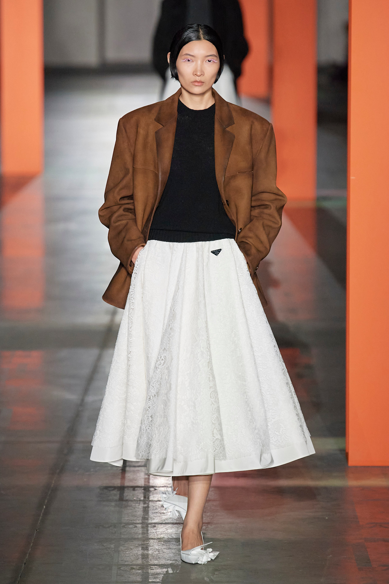 An image of a Prada linen skirt on the designer's autumn/winter 2023 runway.