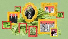 Illustration depicting some of the richest families in world, with family photos in picture frames and piles of money