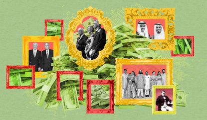 Illustration depicting some of the richest families in world, with family photos in picture frames and piles of money