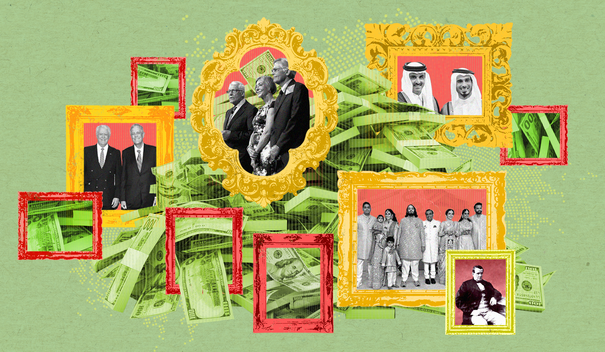 Illustration depicting some of the richest families in world, with family photos in picture frames and piles of money