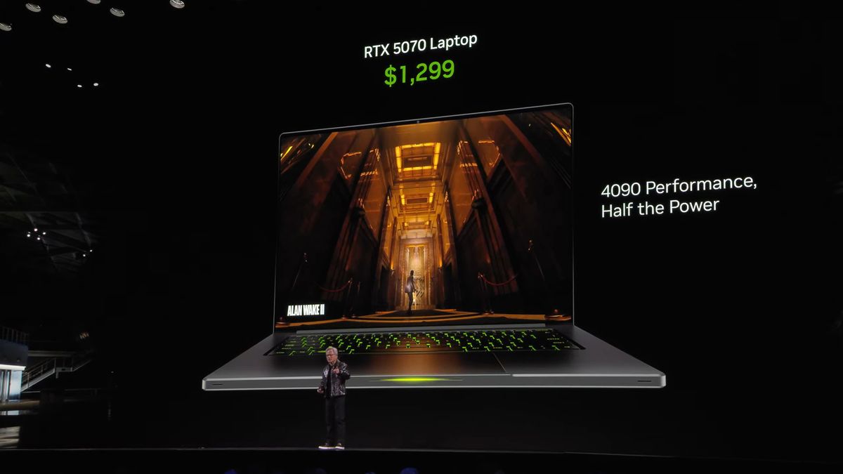 Nvidia CEO Jensen Huang standing in front of a screen showing an RTX 5070 laptop at CES 2025.