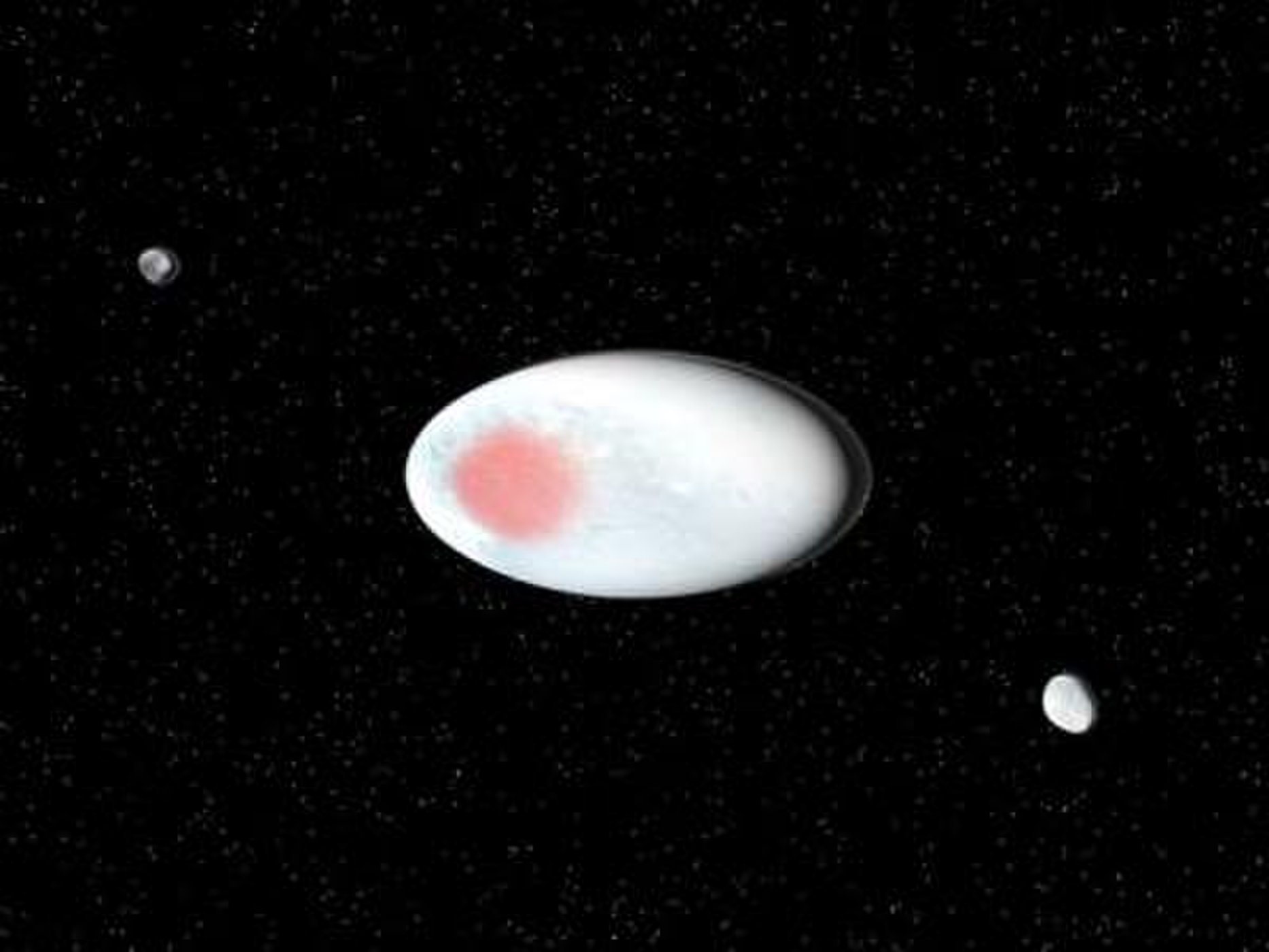 This older depiction of Haumea lacks the rings but shows the dark red spot that scientists identified on the dwarf planet's surface.