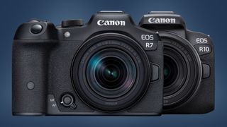The Canon EOS R7 camera next to the Canon EOS R10 on a blue background