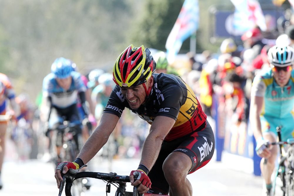 Belgian national champion Philippe Gilbert of BMC Racing finishes third during the 2012 Fleche Wallonne.