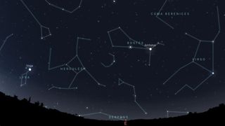 Night sky map showing constellations and stars in the eastern horizon, including prominent labels for Bootes, Arcturus, Hercules, Virgo, Lyra, Vega, Serpens, and Coma Berenices.