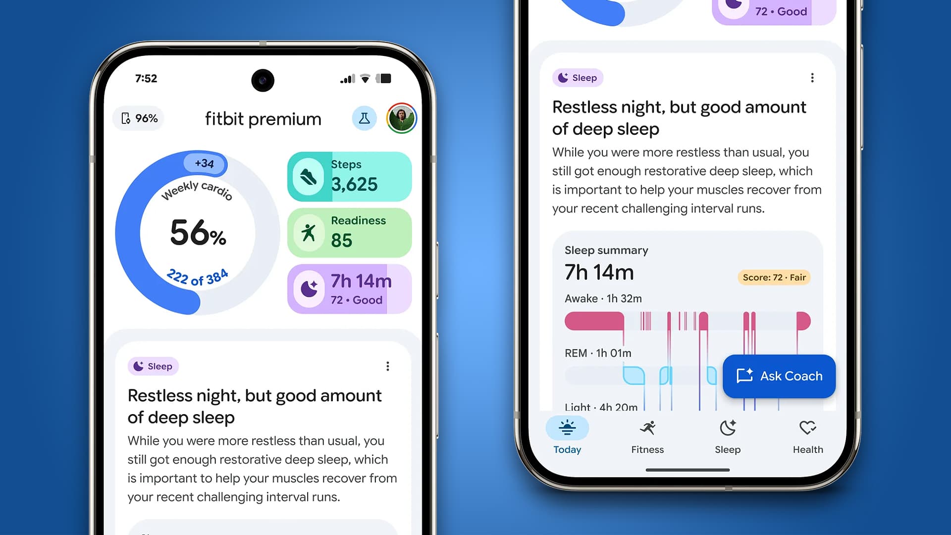 Two phones showing the Google Health app.