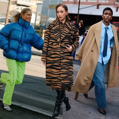 A collage of three women wearing coat types, a puffer coat, animal print coat, and trench coat