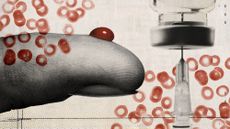 Photo collage of a finger with a droplet of blood balancing on it, a vial of insulin with a syringe in it, and microscopic images of blood platelets