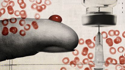 Photo collage of a finger with a droplet of blood balancing on it, a vial of insulin with a syringe in it, and microscopic images of blood platelets