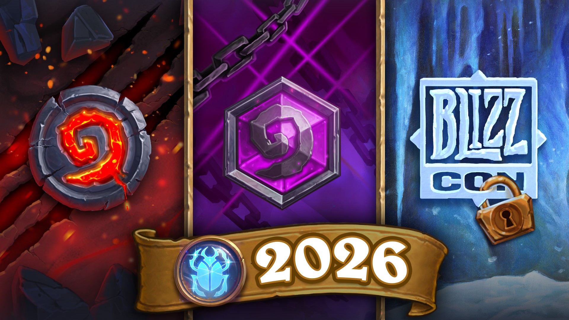Three vertical sections depict fiery, mystical, and icy themes. A &amp;quot;2026&amp;quot; banner overlays, symbolizing a Blizzcon's variety and excitement.