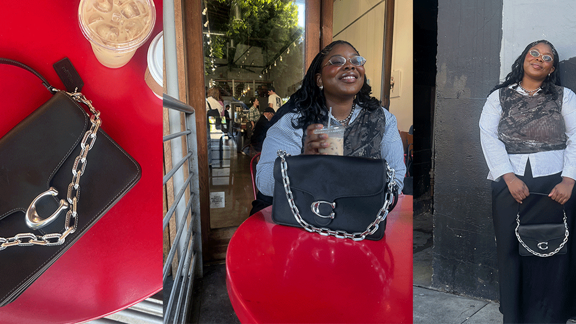 chichi wears coach chain tabby with camo tank and striped button down shirt and black skirt