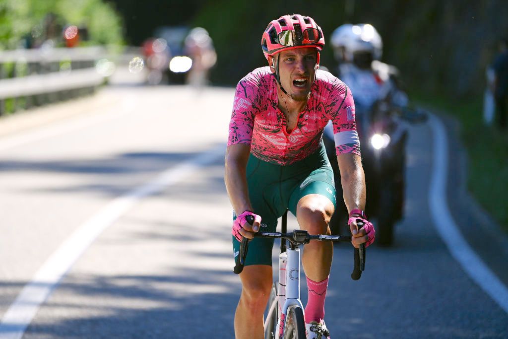 AESCH, SWITZERLAND - JUNE 13: Jonas Rutsch of Germany and Team EF Education - Easypost competes in the breakaway during the 85th Tour de Suisse 2022 - Stage 2 a 198km stage from Ku&Igrave;snacht to Aesch / #ourdesuisse2022 / #WorldTour / on June 13, 2022 in Aesch, Switzerland. (Photo by Tim de Waele/Getty Images)
