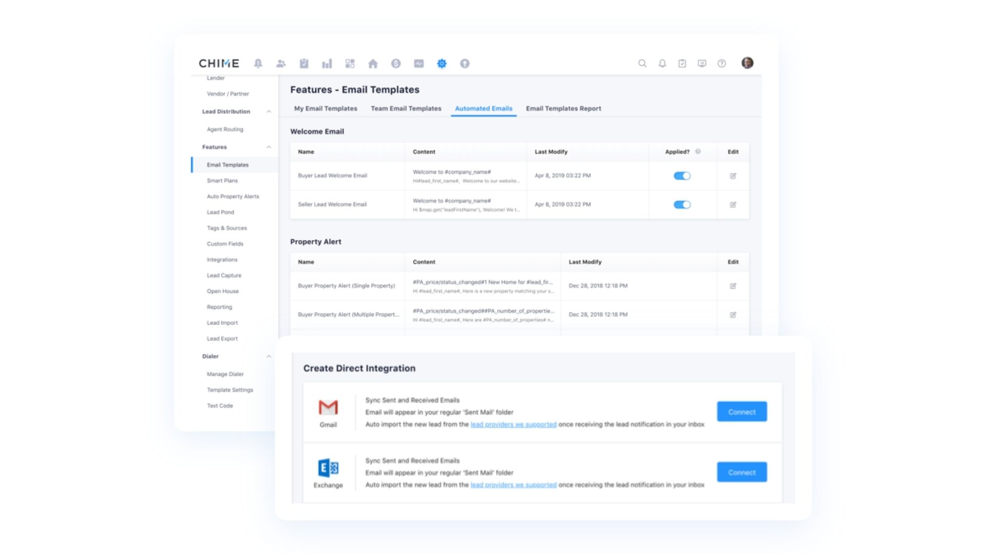 Screenshot of Chime CRM interface for email templates