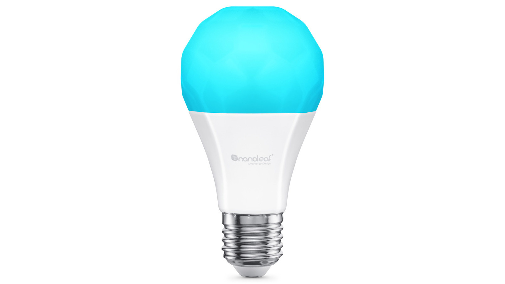 Nanoleaf Essentials smart light bulb illuminating blue on a white background