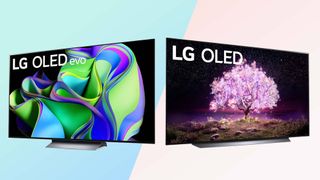 The LG C3 OLED vs LG C1 OLED on a blue and pink background.