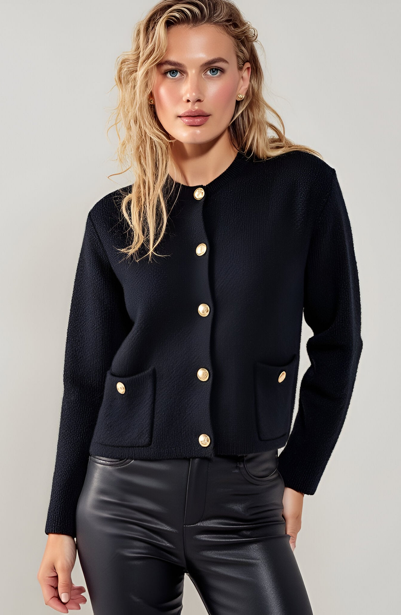 Textured Knit Gold Button-Front Patch-Pocket Cardigan