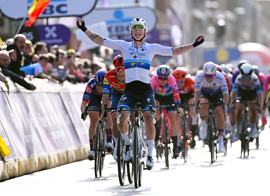 WEVELGEM, BELGIUM - MARCH 30: Lorena Wiebes of Netherlands and Team SD Worx - Protime celebrates at finish line as race winner ahead of Elisa Balsamo of Italy and Team Lidl - Trek during the 14th Gent-Wevelgem in Flanders Fields 2025, Women's Elite a 168.9km one day race from Ypres to Wevelgem / #UCIWWT / on March 30, 2025 in Wevelgem, Belgium. (Photo by Tim de Waele/Getty Images)