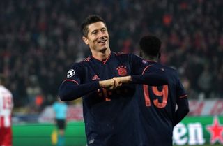 Robert Lewandowski celebrates a goal for Bayern Munich against Red Star Belgrade in the Champions League in November 2019.