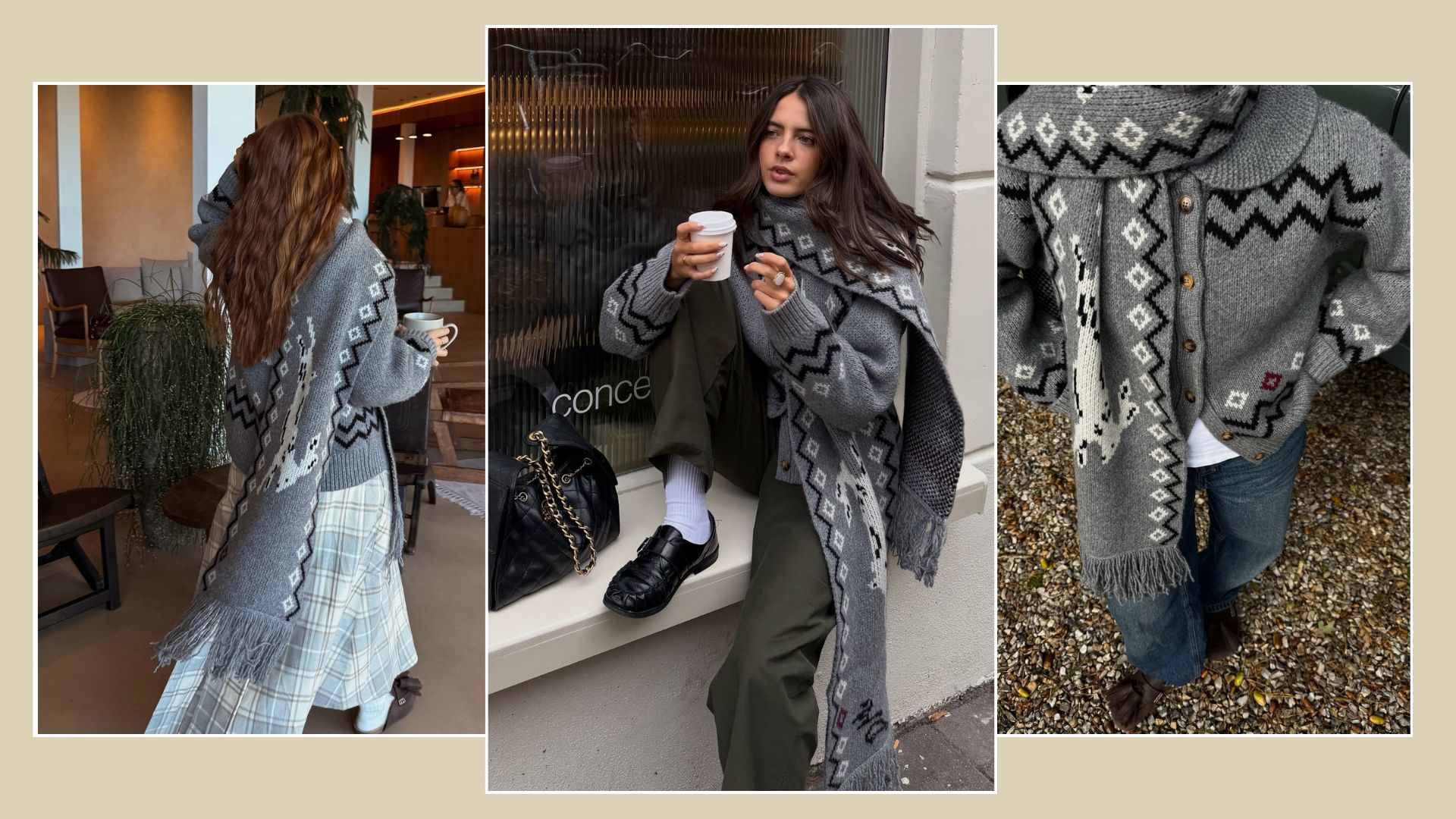 Two women wears a grey patterned cardigan with matching scarf