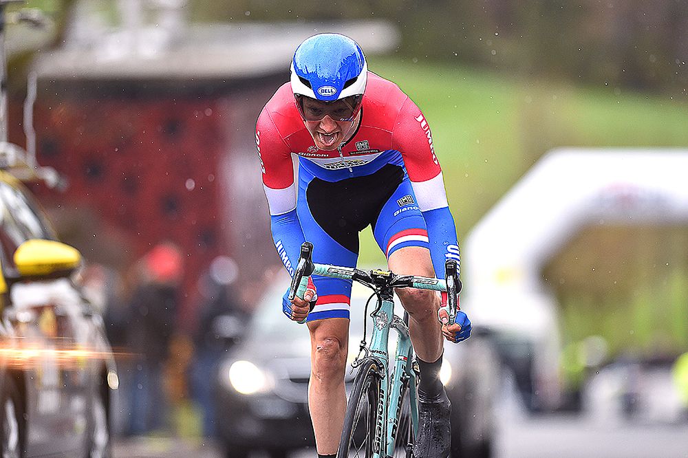 Wilco Kelderman gets out of the saddle during the Tour de Romandie prologue